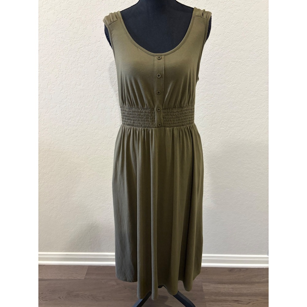 Dokotoo Olive Green Smocked Empire Waist Button Front Midi Dress Medium